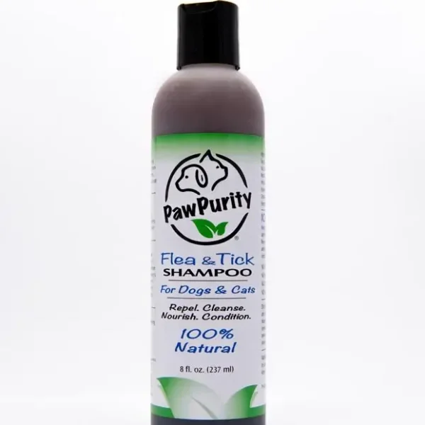 PawPurity Flea & Tick Shampoo for dogs and cats bottle shows it is 100% natural