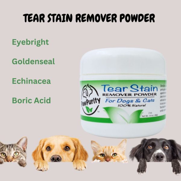 Image of dogs and cats and PawPurity Tear Stain Powder for Dogs & Cats. Lists ingredients as eyebright, goldenseal, echinacea, and boric acid
