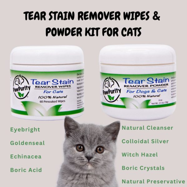 Image of cat and PawPurity Tear Stain Powder and Tear Stain Wipes for Cats. Also there is a list of ingredients that include natural cleanser, colloidal silver, witch hazel, boric crystals, eyebright, goldenseal, echinacea