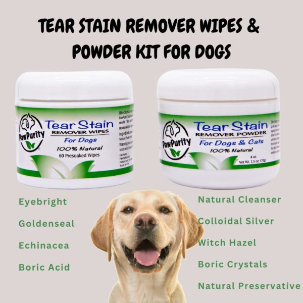 Image of Dog and PawPurity Tear Stain Powder and Tear Stain Wipes. Also there is a list of ingredients that include natural cleanser, colloidal silver, witch hazel, boric crystals, eyebright, goldenseal, echinacea