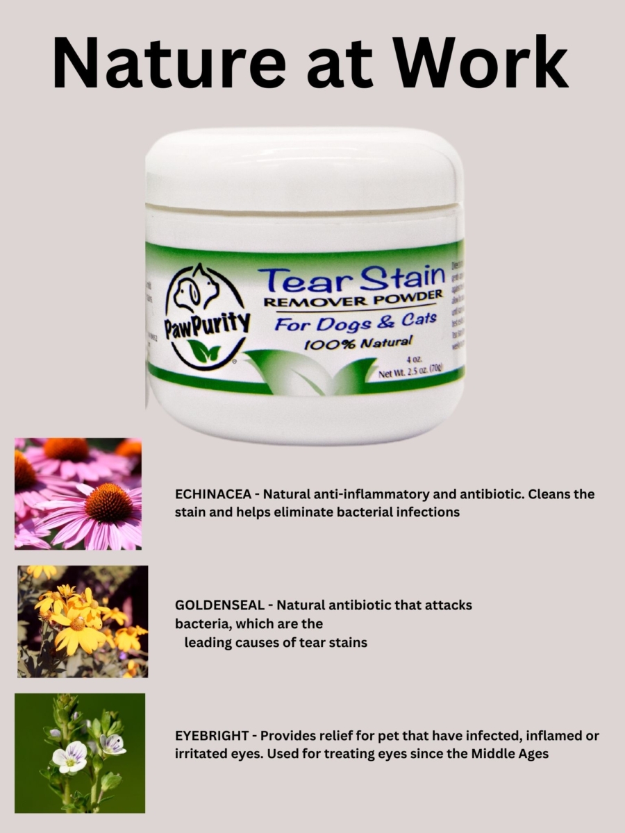 Image of PawPurity Tear Stain Powder showing three different plants used in the powder and what they do
