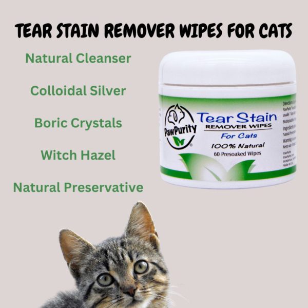 Image of cat and PawPurity Tear Stain Wipes for Cats which includes Natural cleanser, colloidal silver, witch hazel, boric crystals and natural preservative