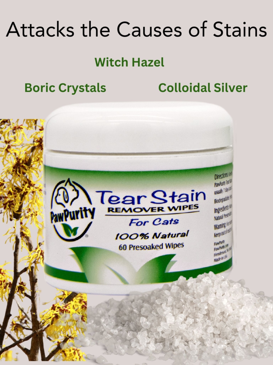 Image of PawPurity's Tear Stain Wipes with ingredients showing witch hazel, boric crystals and colloidal silver