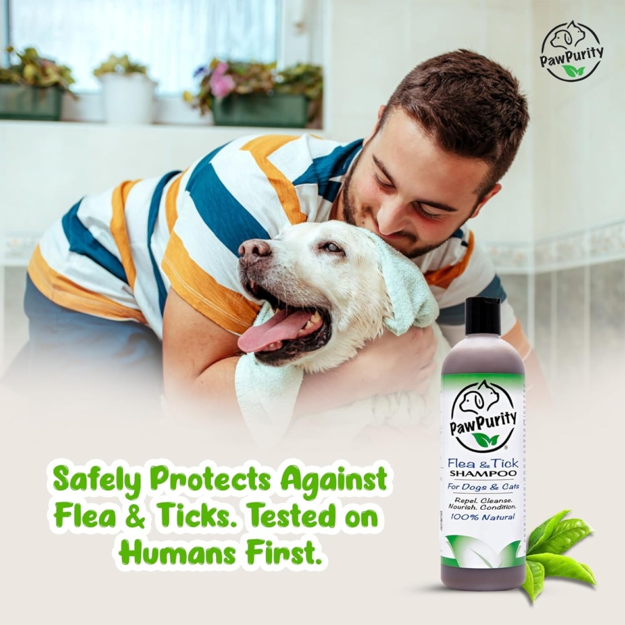 Man hugging flea free dog with PawPurity Flea & Tick Shampoo in the foreground.