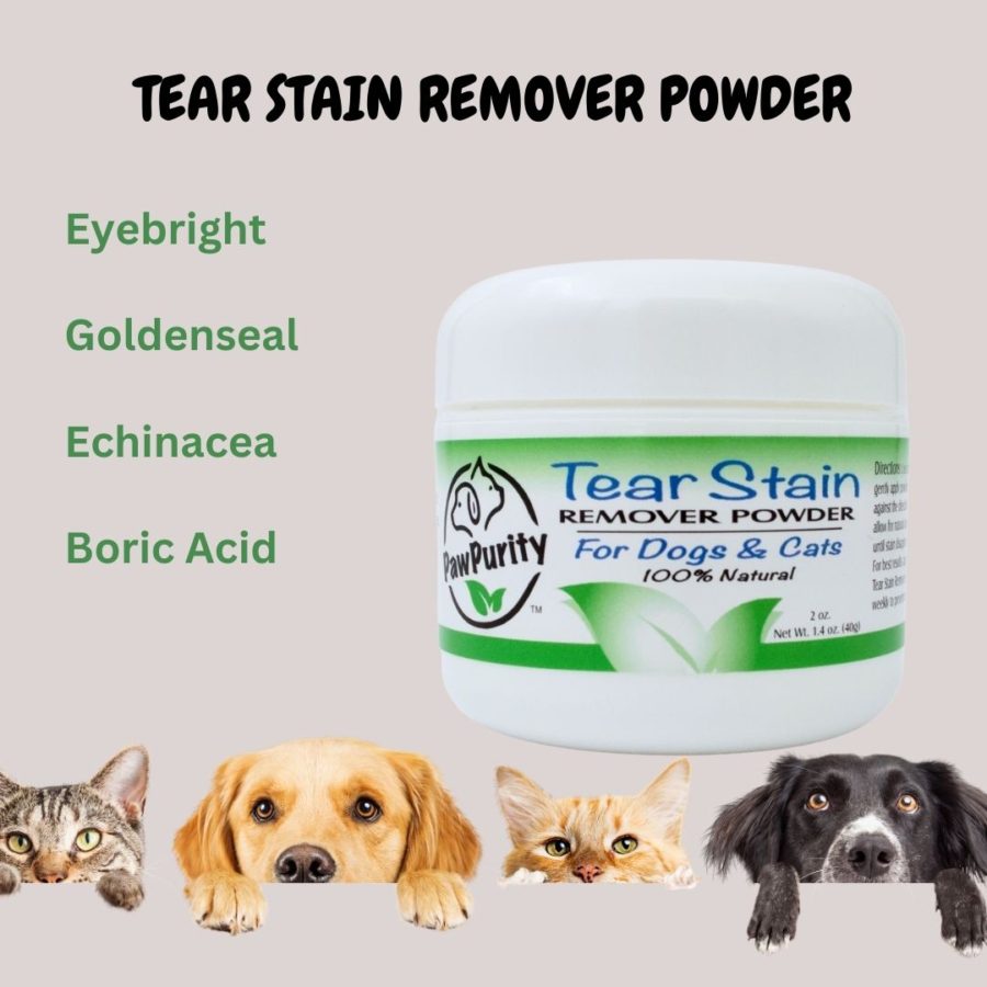 Image of PawPurity Tear Stain Remover Powder with a list of the ingredients, which includes: Eyebright, Goldenseal, Echinacea, Boric Acid