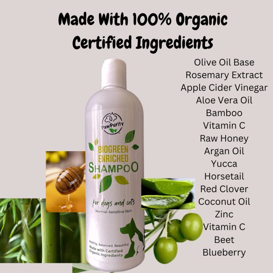 Image of Biogreen Shampoo with natural ingredients like honey, olives, aloe vera, bamboo