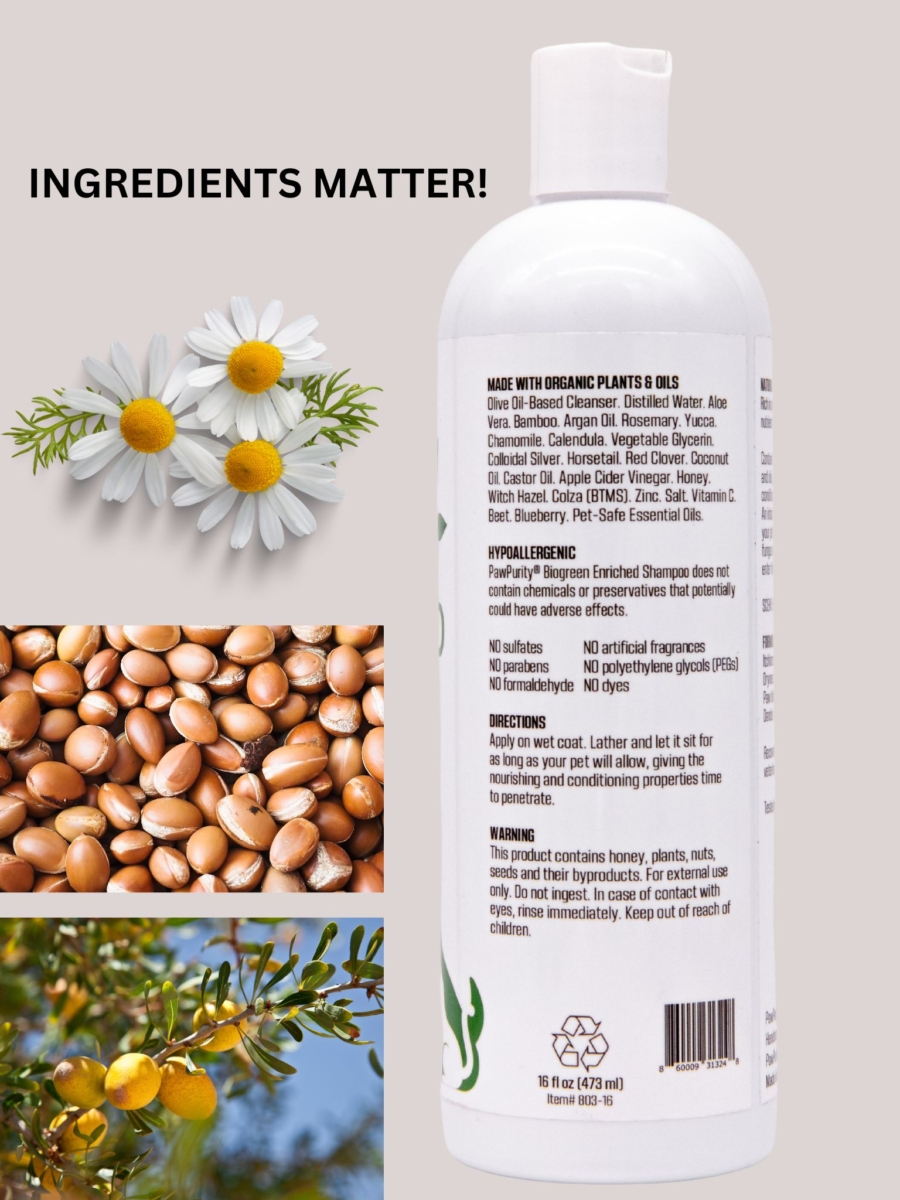 Description of the natural ingredients in Biogreen Enriched Pet Shampoo for Dogs & Cats