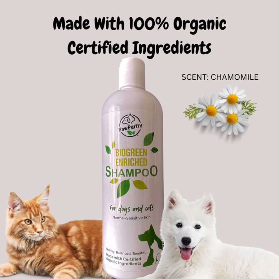 Image of cat and dog next to Biogreen Enriched Shampoo indicating it is made with 100% certified organic ingredients.jpg