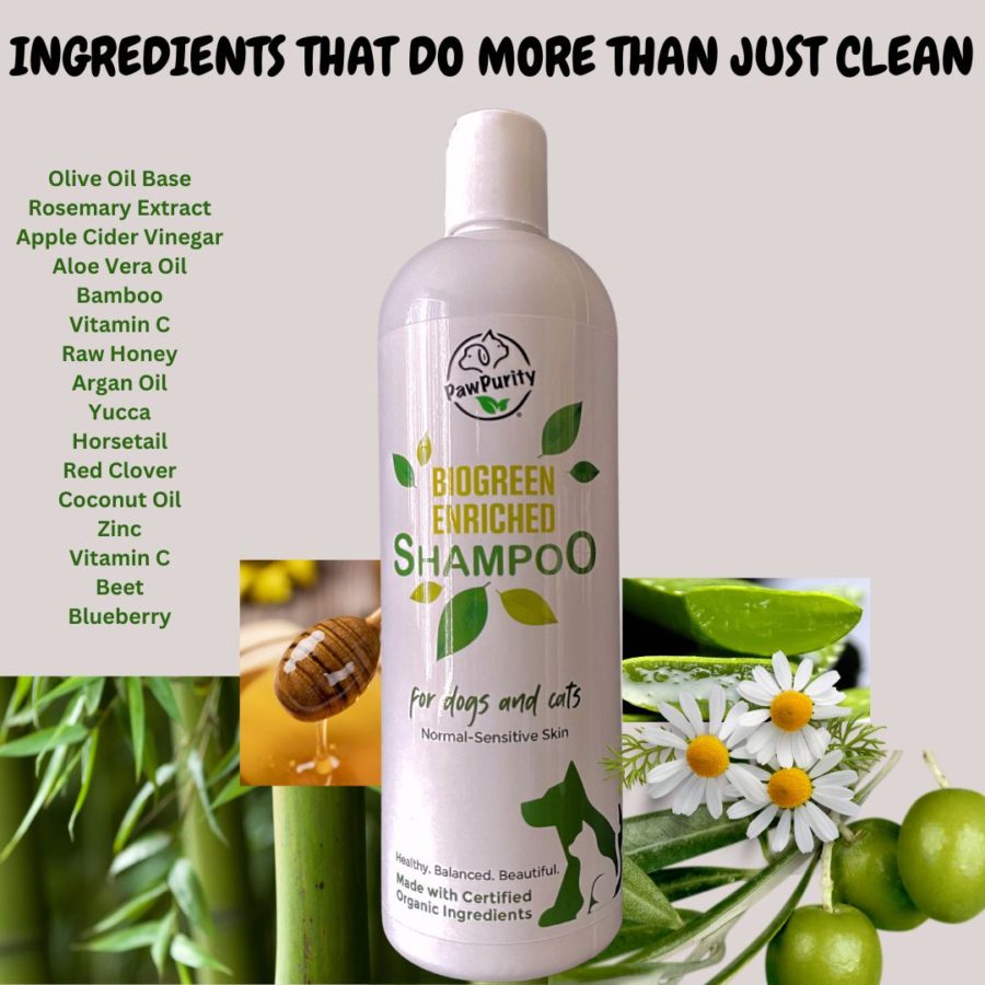 An image of PawPurity's Biogreen Shampoo with a list of ingredients that includes apple cider vinegar, bamboo, olive oil, rosemary extract, yucca, vitamin E, beet and blueberry