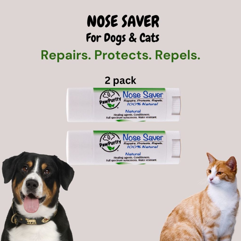 Image of cat, dog and two PawPurity Nose Saver Products