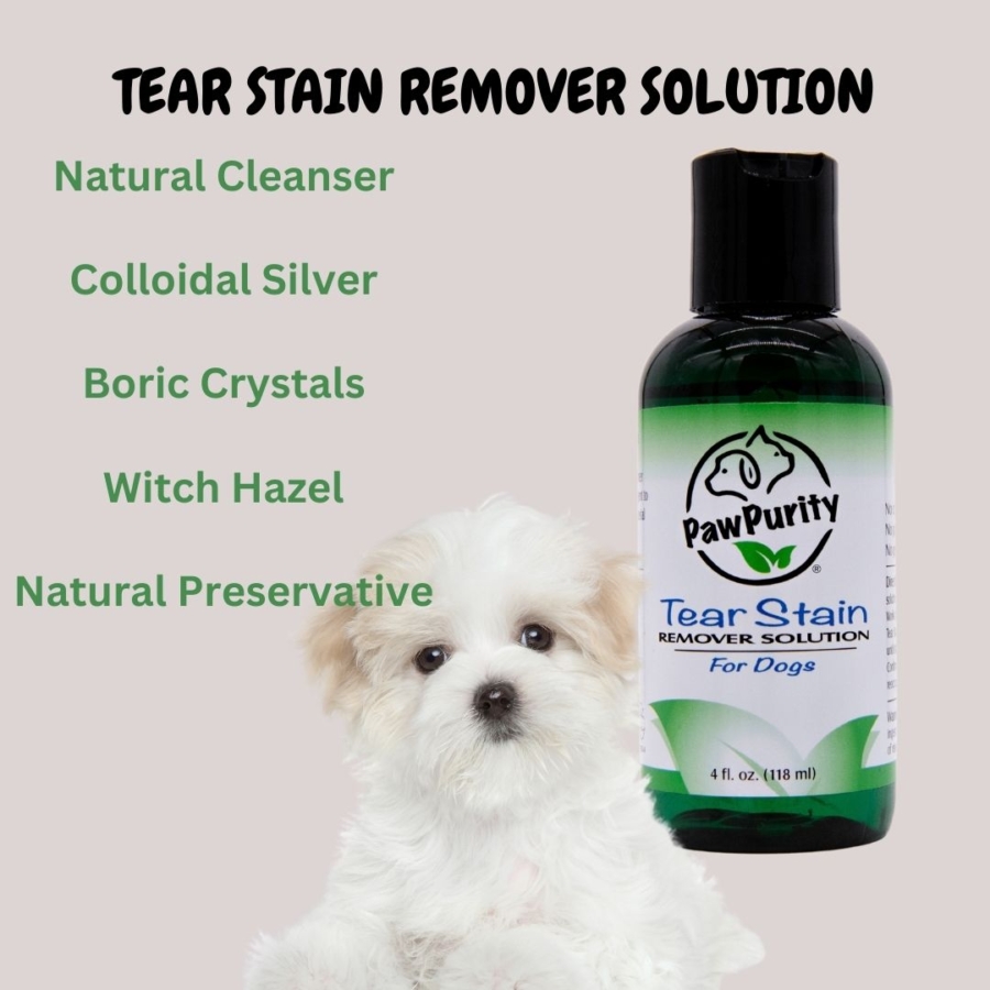 PawPurity Tear Stain Solution for Dogs shows list of natural ingredients: natural cleanser, colloidal silver, boric crystals, witch hazel and natural preservative