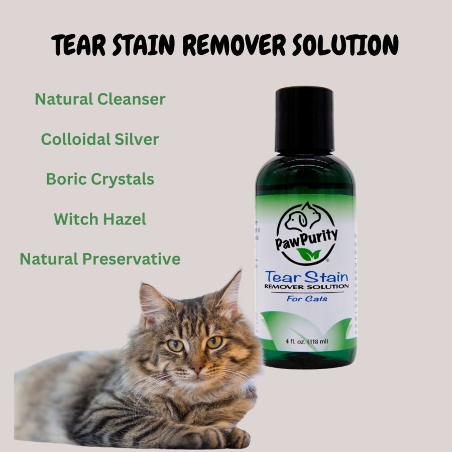 PawPurity Tear Stain Solution for Cats shows list of natural ingredients: natural cleanser, colloidal silver, boric crystals, witch hazel and natural preservative