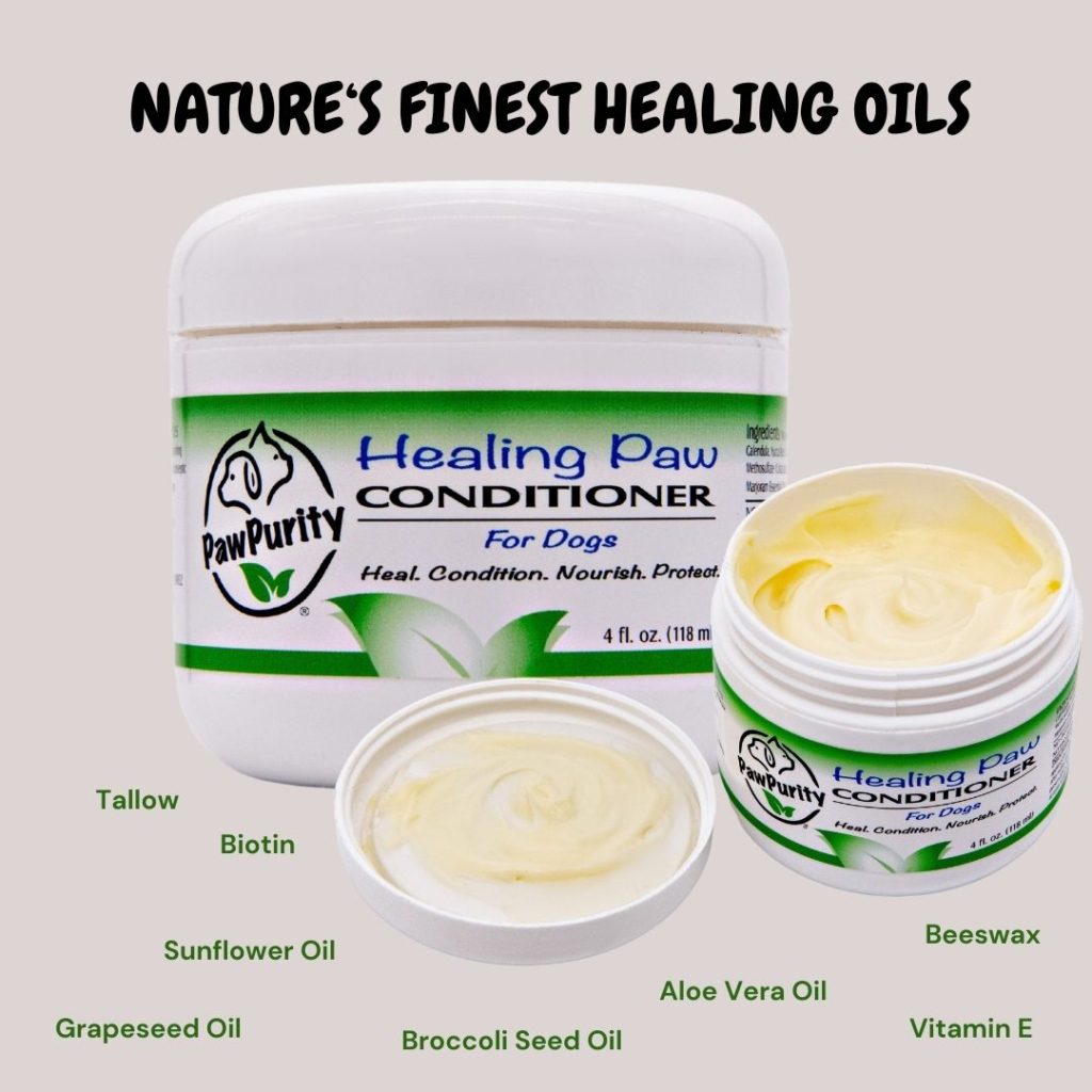 PawPurity Healing Paw Conditioner and a list of natural ingredients including grapeseed oil, vitamin E, tallow, biotin, sunflower oil and more