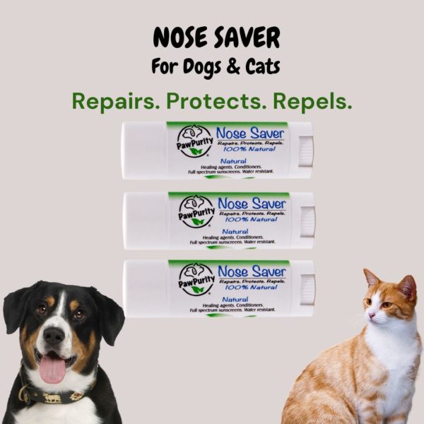 Image of cat, dog and three PawPurity Nose Saver Products